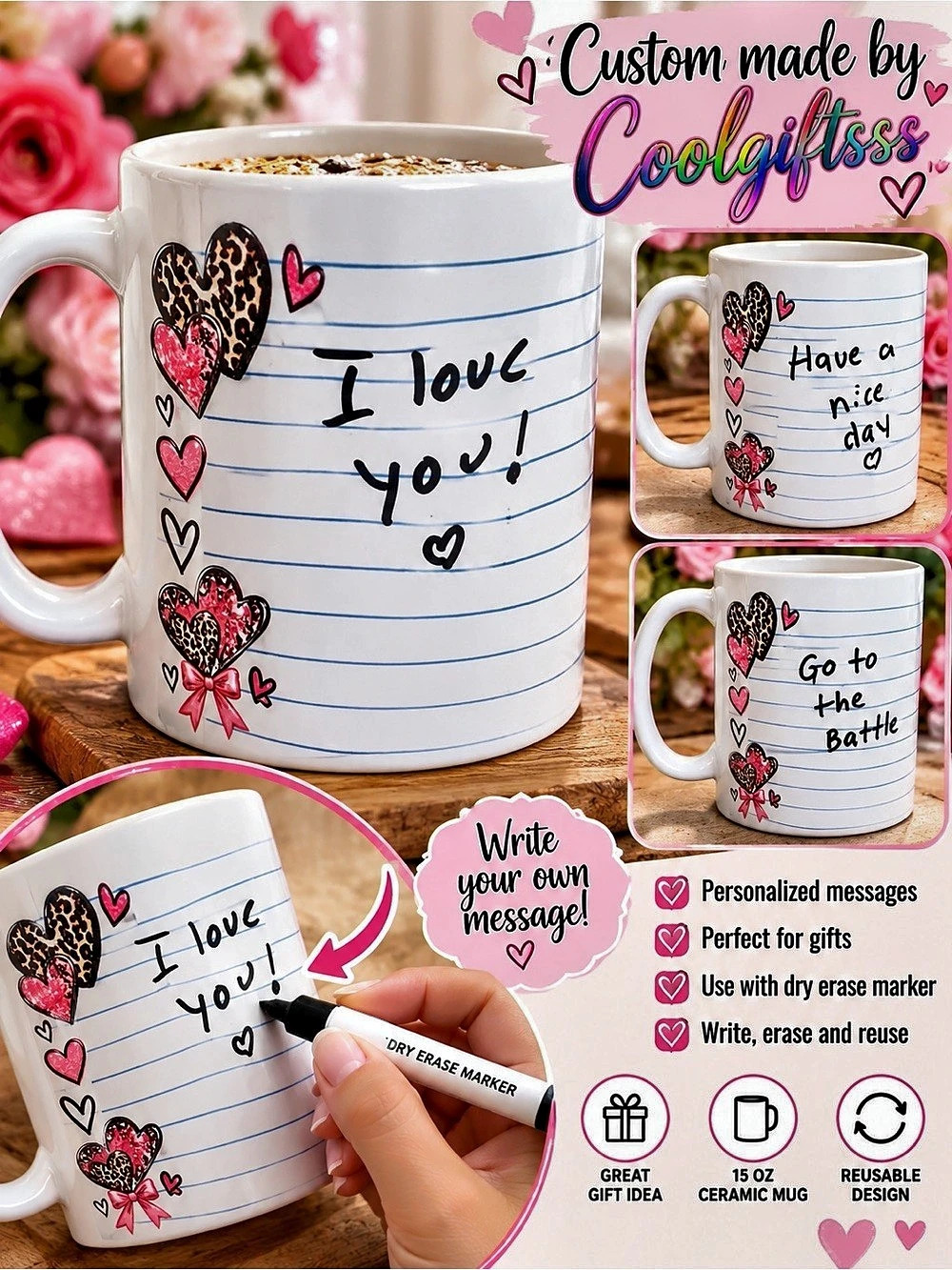 Personalized Dry Erase Message Mug 30– 15 oz Ceramic | Write, Erase & Reuse | Cu